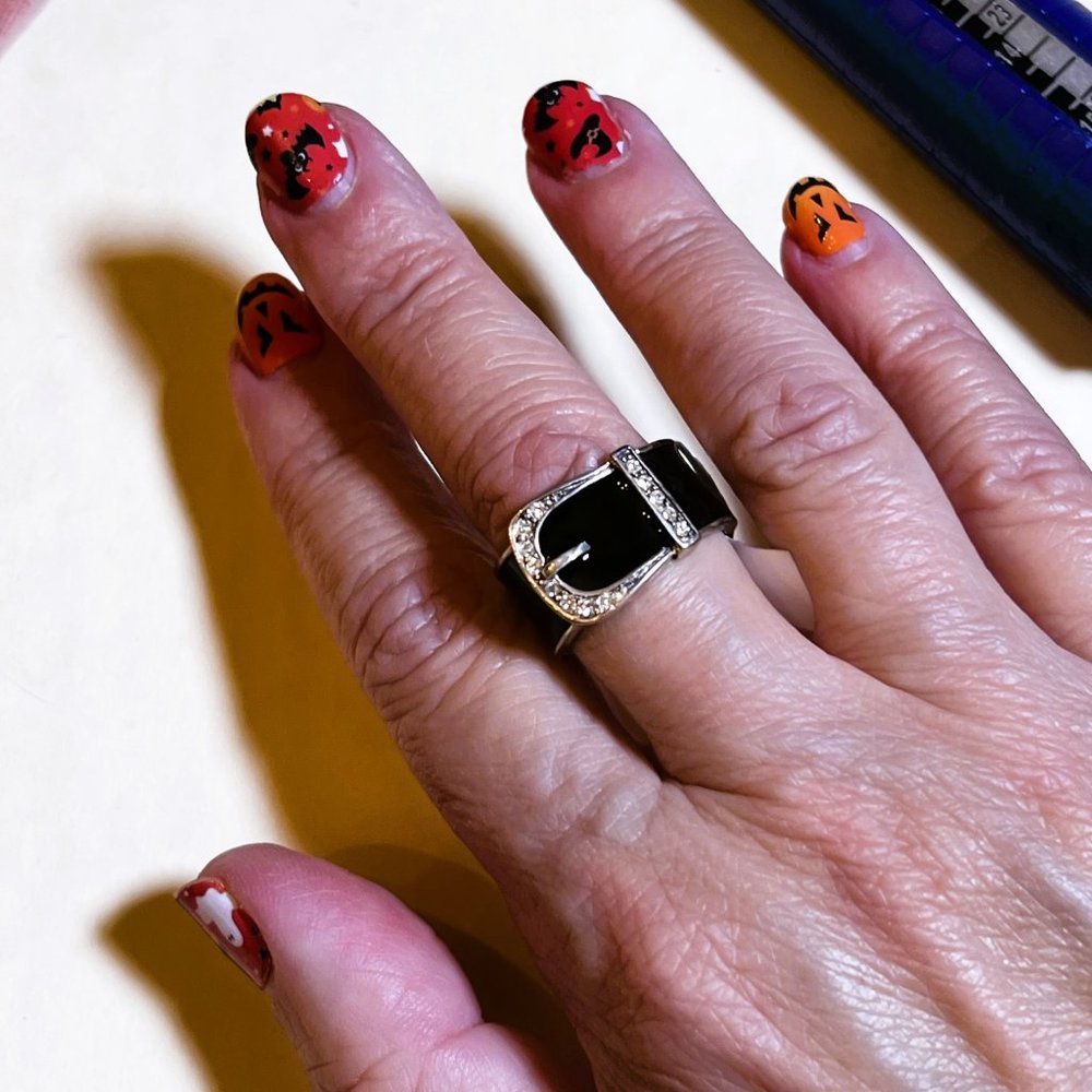 Black Enamel Buckle Ring - 925 Silver with CZs - Size 8